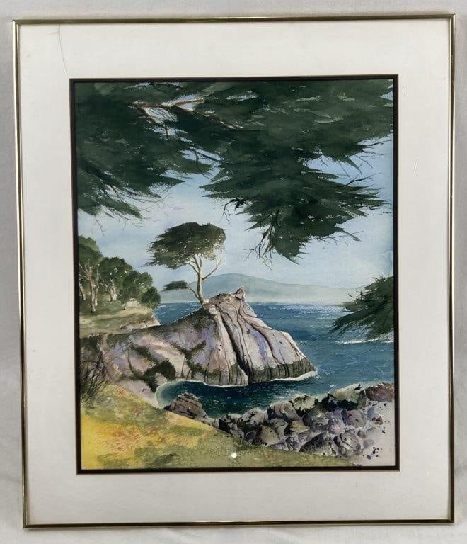 Late 20th Century, Point Lobos, Watercolor Painting: This nicely rendered watercolor painting, titled Point Lobos, depicts the iconic lone cypress tree located along the scenic 17-Mile Drive in Pebble Beach, California. The composition beautifully