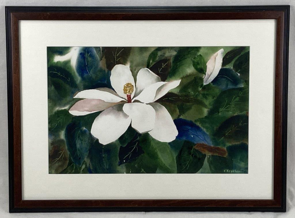 Frances Kepchar, Floral Still Life, Watercolor Painting: This elegant 20th century watercolor painting depicts a single white magnolia in full bloom nestled among lush foliage. Painted by Frances Kepchar (1927â€“2008), a prominent artist