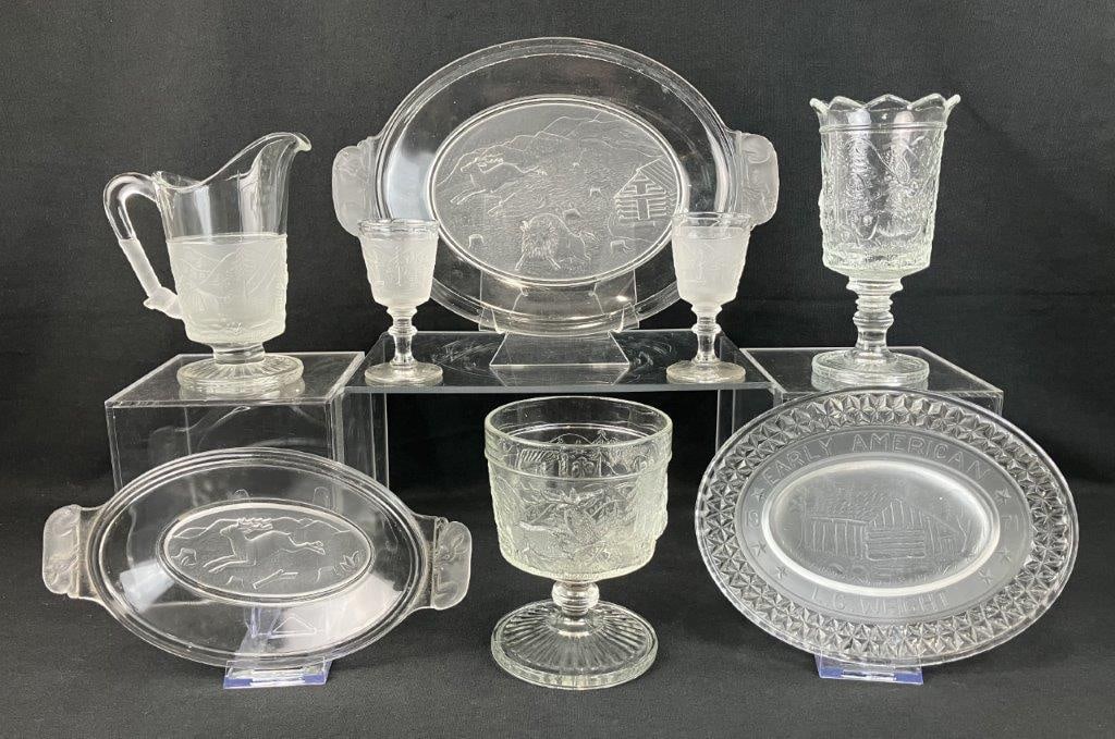 Pressed Glassware Including L.G. Wright Westward Ho: Expansive and highly collectible eight-piece collection of pressed glassware beautifully captures the nostalgia and pioneering spirit of the historic 19th-century frontier motif, featuring prominent