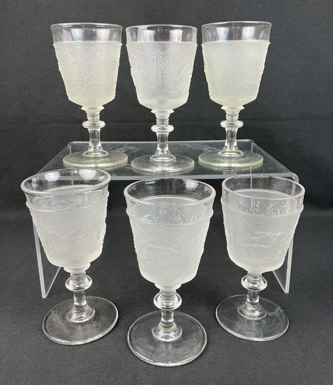 Six L.G. Wright Westward Ho Water Goblets: Six pressed glass water goblets, dating to circa 1930, beautifully captures the nostalgia and pioneering spirit of the historic 19th-century frontier motif, as successfully revived by the L.G. Wright
