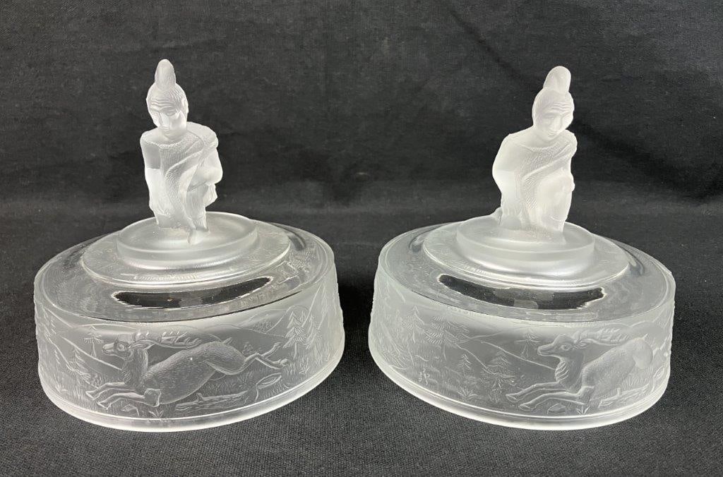L.G. Wright Westward Ho Compote Covers: Striking pair of pressed glass compote covers (or cheese dish lids), dating to circa 1930, beautifully captures the nostalgia and pioneering spirit of the historic 19th-century frontier motif, as