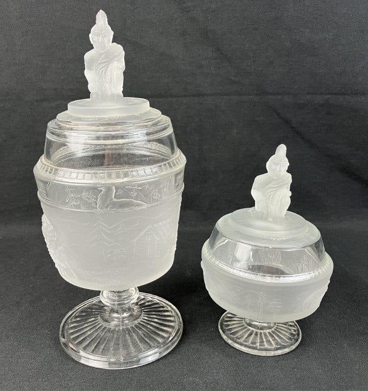 L.G. Wright Westward Ho Glass Sugar Bowl and Compote: Two pressed glass pieces, dating to circa 1930, beautifully captures the nostalgia and pioneering spirit of the historic 19th-century frontier motif, as successfully revived by the L.G. Wright Glass