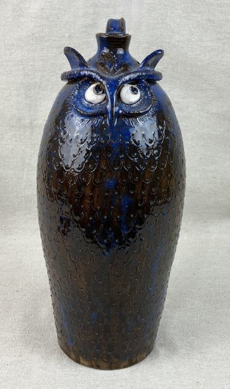 Mike Ledford Owl Folk Art Pottery Jug: This charming folk art jug by self-taught North Carolina potter Mike Ledford is beautifully crafted in the whimsical form of an owl, featuring intricate incised line work detailing each individual