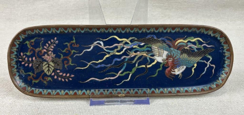 Chinese Cloisonne Phoenix Tray: Exquisite Chinese cloisonne tray features a phoenix motif, intricately rendered through elegant and delicate wirework. The mythical bird is brought to life with a palette of vibrant enamel colors