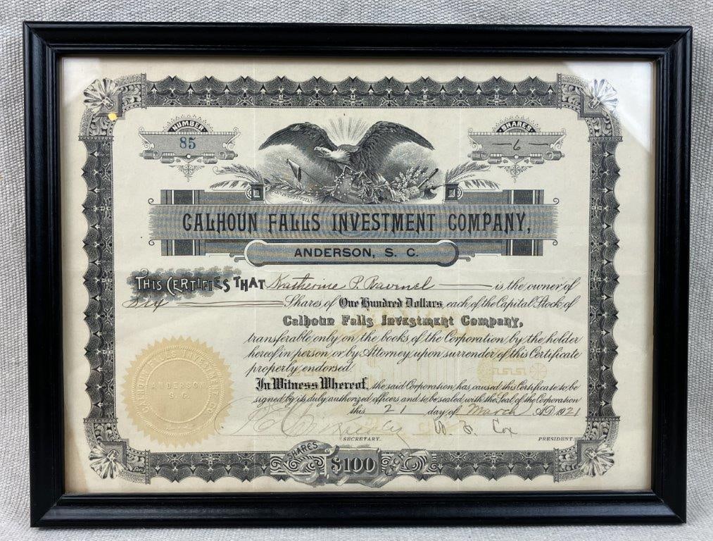 1921 Calhoun Falls Investment Company Capital Stock Certificate: This fascinating piece of South Carolina financial history features a hand-signed and dated capital stock certificate from the Calhoun Falls Investment Company, based out of Anderson, SC. Issued in