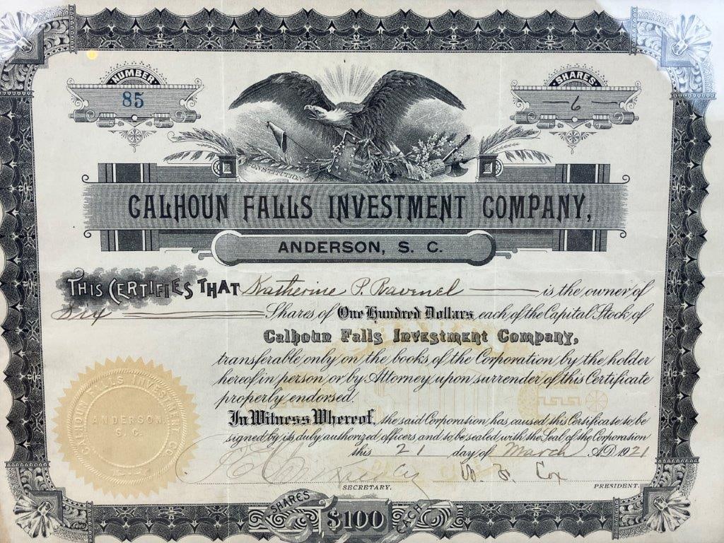 1921 Calhoun Falls Investment Company Capital Stock Certificate - 2