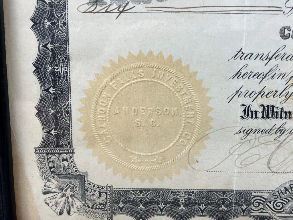 1921 Calhoun Falls Investment Company Capital Stock Certificate - 3