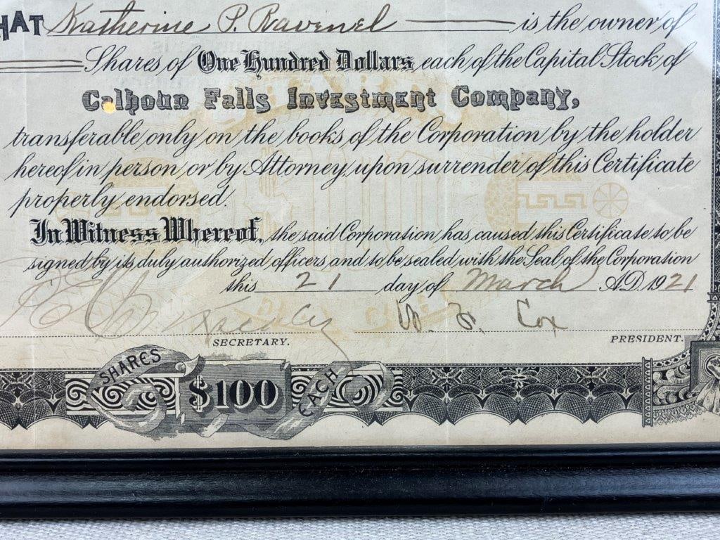 1921 Calhoun Falls Investment Company Capital Stock Certificate - 4