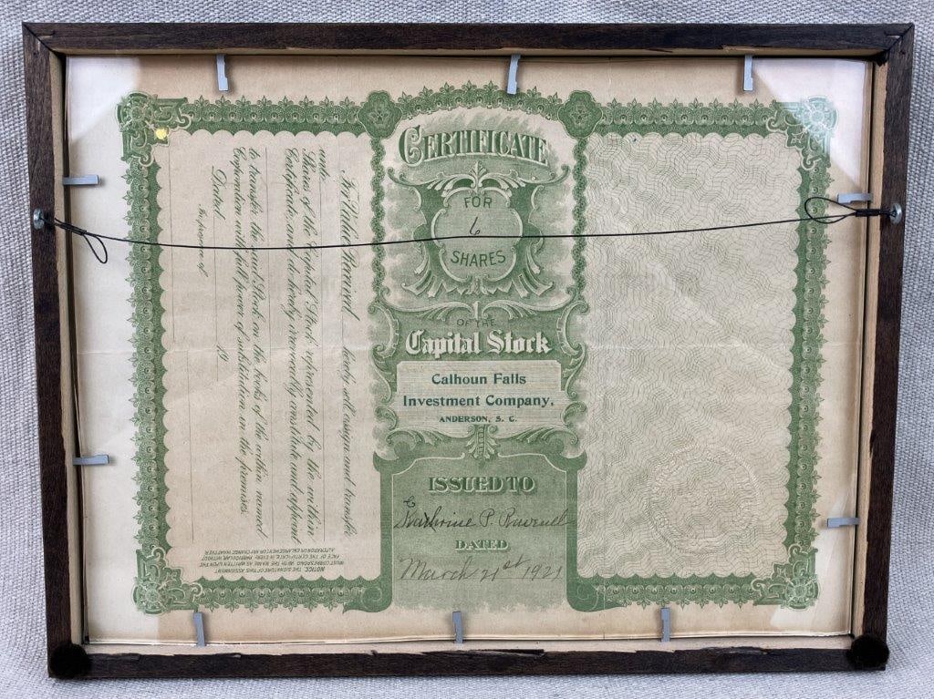 1921 Calhoun Falls Investment Company Capital Stock Certificate - 6
