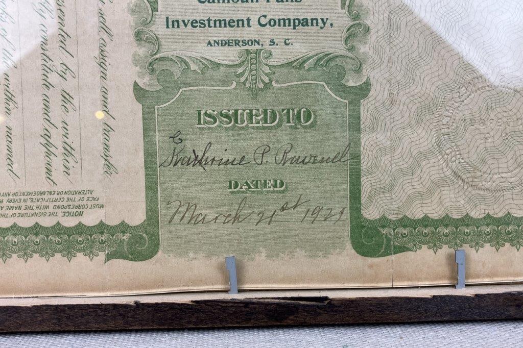 1921 Calhoun Falls Investment Company Capital Stock Certificate - 7