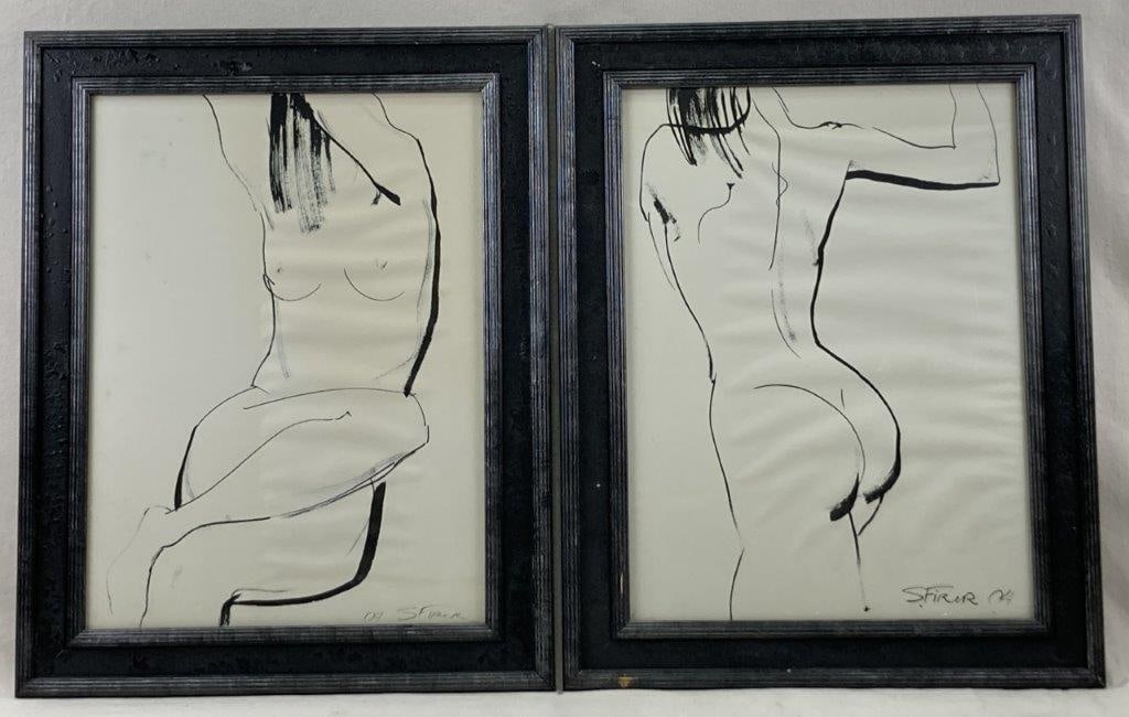 Pair of Nudes Prints by S. Firer: A pair of framed and matted prints of nudes by S. Firer. Each measures approximately 24 inches x 29 inches. In good condition.