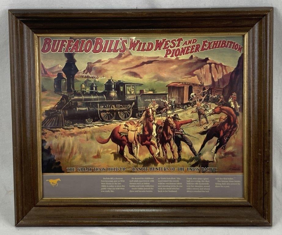 Buffalo Bill's Framed Poster: A vintage reproduction poster of Buffalo Bill's Wild West Exhibition, after the original published in 1907. The poster is housed in a nice frame with a gilt liner. The frame measures approximately 21