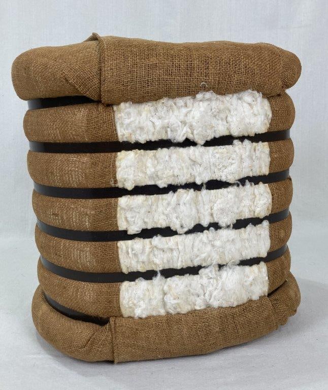Decorative Burlap Cotton Bale: A wonderful decorative burlap cotton bale, an iconic piece of farmhouse and country decor. The piece captures the rustic charm and agricultural heritage of the American South with its textured burlap