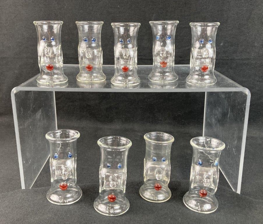 Set of Signed Karl Ittig Figural Shot Glasses: This set of nine signed Karl Ittig figural shot glasses showcases exceptional German artistry from a highly notable maker. Based in Wertheim, Germany, Ittig represents the sixth generation of his