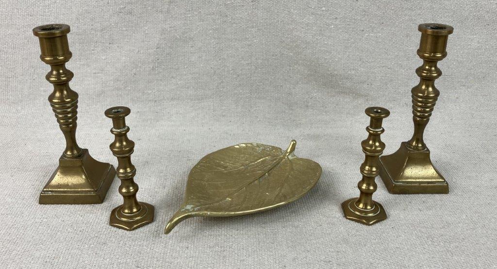 Brass Leaf Dish and Small Candlesticks Grouping - 2