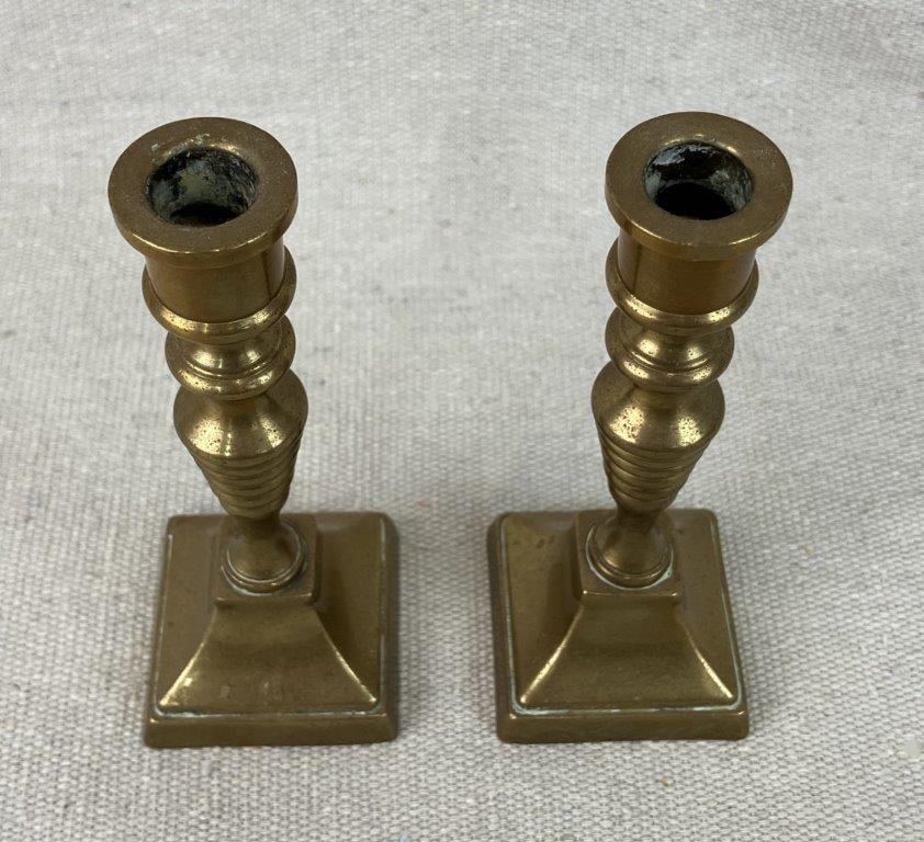 Brass Leaf Dish and Small Candlesticks Grouping - 4