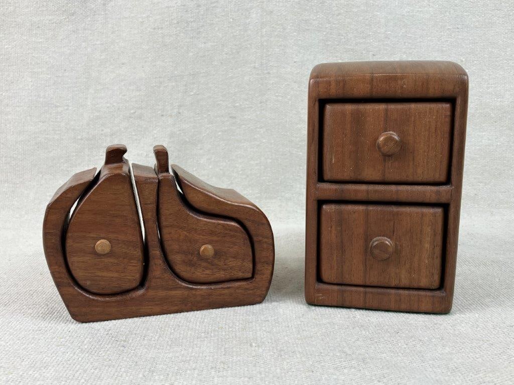 Two Mid-Century Modern Walnut Trinket Boxes: Two mid-century modern trinket boxes showcasing a masterfully executed modernist design defined by fluid, art-inspired curving forms. Expertly constructed with a keen eye for sculptural geometry, the
