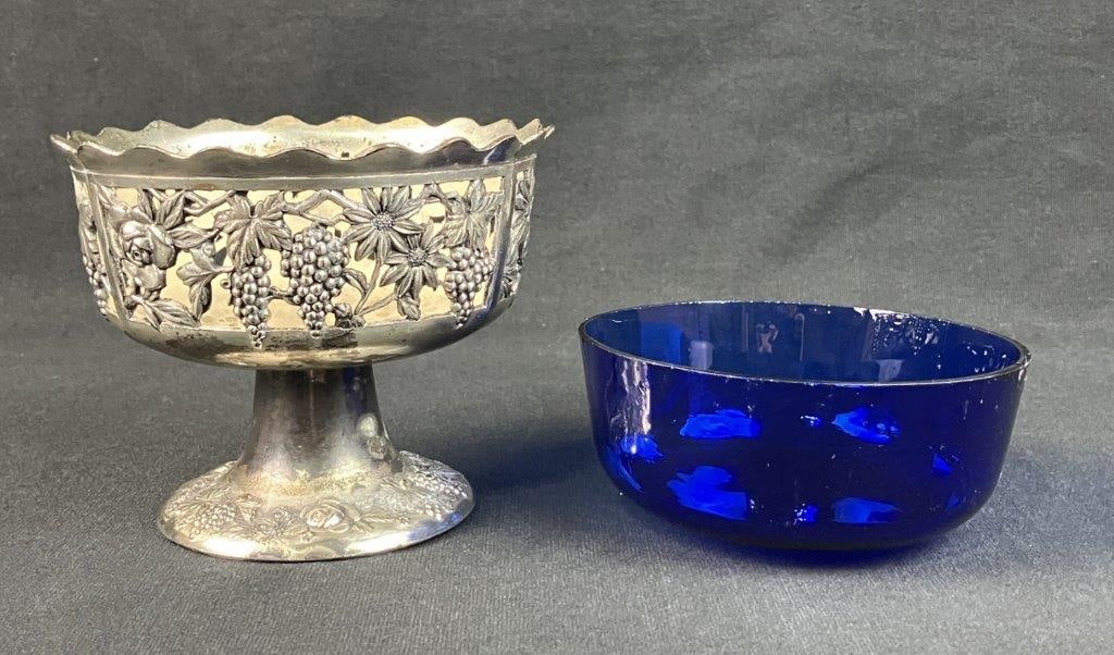 Silver Plate Cobalt Glass Pedestal Bowl - 2
