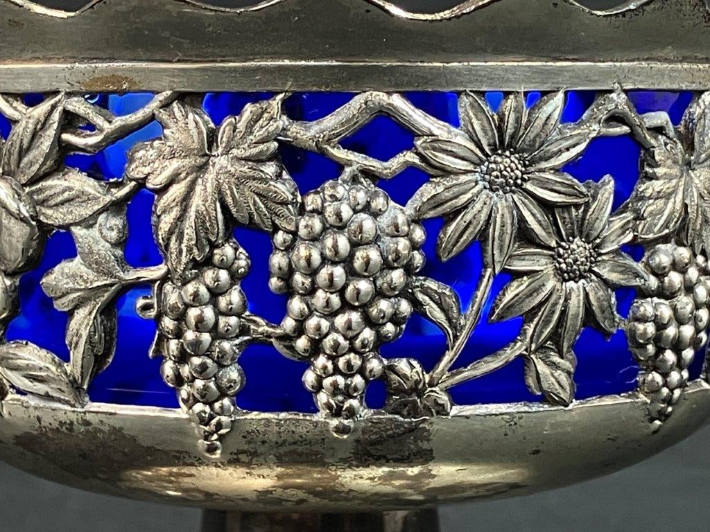 Silver Plate Cobalt Glass Pedestal Bowl - 4