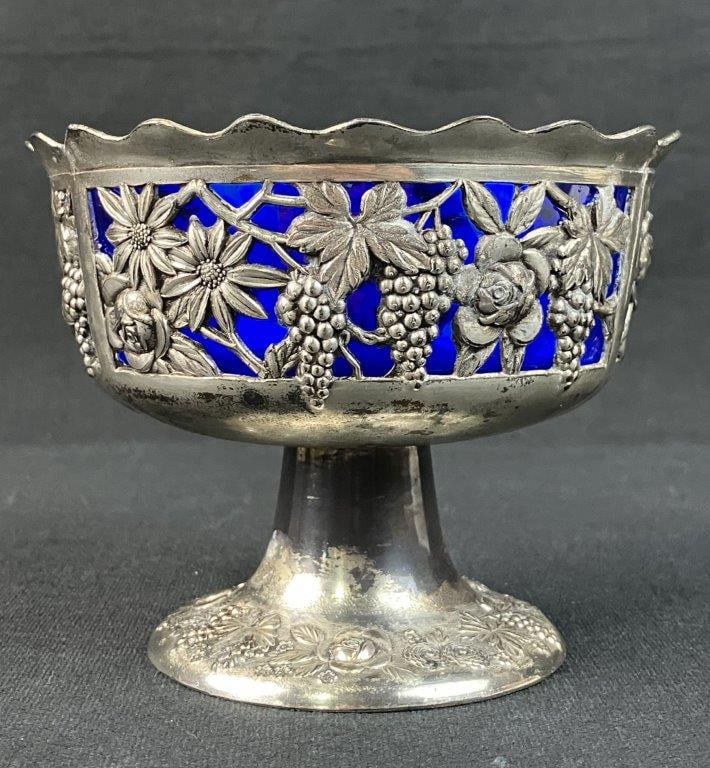 Silver Plate Cobalt Glass Pedestal Bowl - 8