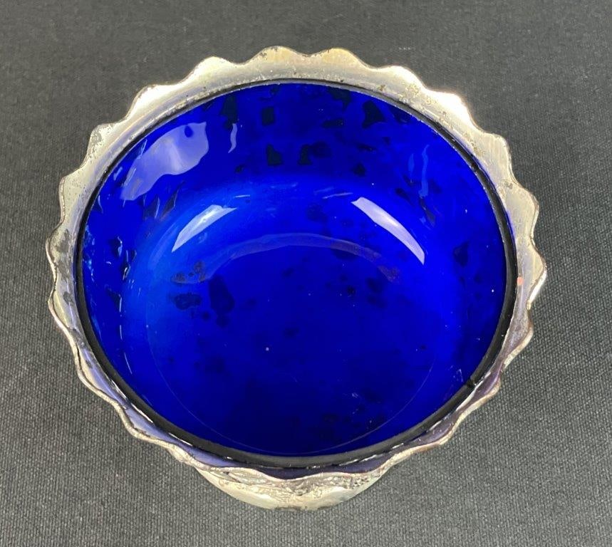 Silver Plate Cobalt Glass Pedestal Bowl - 9