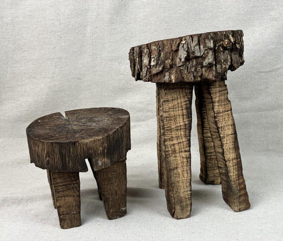 Pair of Small Folk Art Pine Tree Trunk Stools - 7