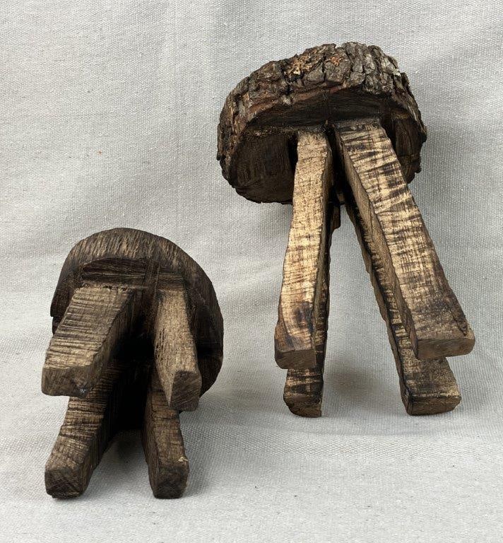 Pair of Small Folk Art Pine Tree Trunk Stools - 9