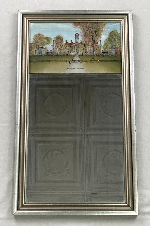 Princeton University EglomisÃ© Mirror: A fine Princeton University eglomisÃ© mirror with a nice silver finish frame, featuring a reverse-painted top panel depicting the Princeton University campus. The mirror displays elegant