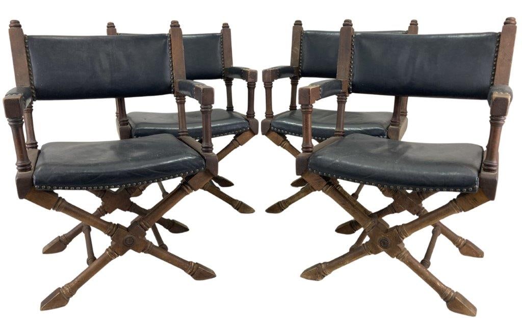 Four Renaissance Revival X-Frame Armchairs: Commanding armchairs, likely dating to the late 19th century, are masterful examples of the Victorian era's fascination with the artistic grandeur of classical antiquity. Each chair is constructed fro