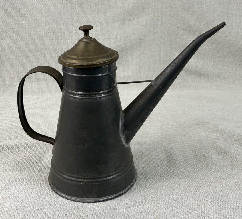 Tin and Brass Oil Pitcher: Italian made utilitarian oil pitcher features a durable tin body beautifully paired with a contrasting brass hinged cover, presenting an appealing mixed-metal aesthetic from a bygone era. Defined by