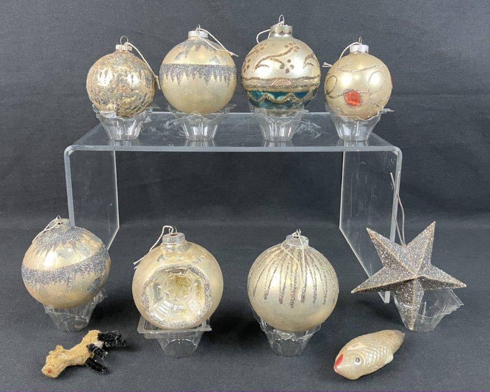 Mercury Glass Christmas Ornaments: Charming assortment of seven mercury glass ornaments beautifully captures the nostalgic magic and old-world elegance of traditional holiday decor. The curated group showcases a delightful variety of