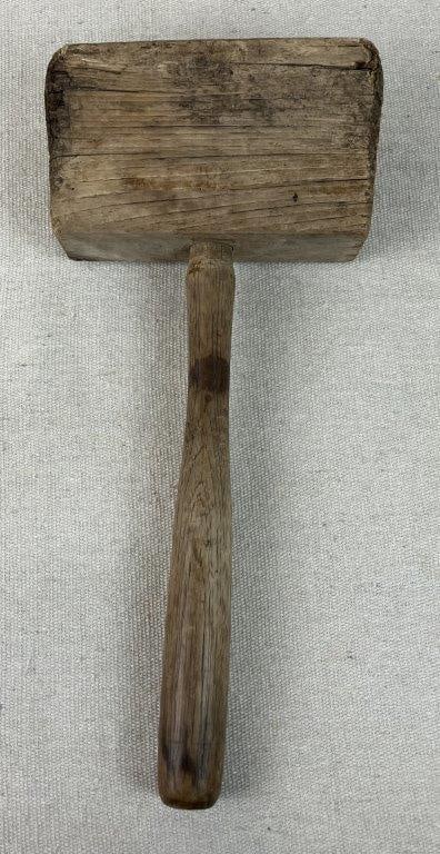 Primitive Wood Mallet: Primitive mallet is hand-fashioned from a piece of exceptionally sturdy hardwood, beautifully showcasing the rugged utility and honest craftsmanship of early domestic and trade hand tools. Over