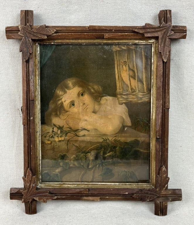 19th-Century Oleograph in Carved Criss-Cross Frame: This evocative late Victorian artwork features a charming oleograph print beautifully housed within a traditional handcrafted folk art criss-cross frame. The central print emulates the iconic period