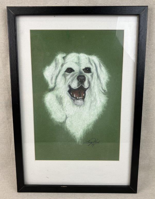 White Dog, Pastel Drawing: This charming late 20th-century portrait features a white dog executed with an expert pastel technique. Artfully rendered on a green-toned paper that provides a vibrant, contrasting background, the