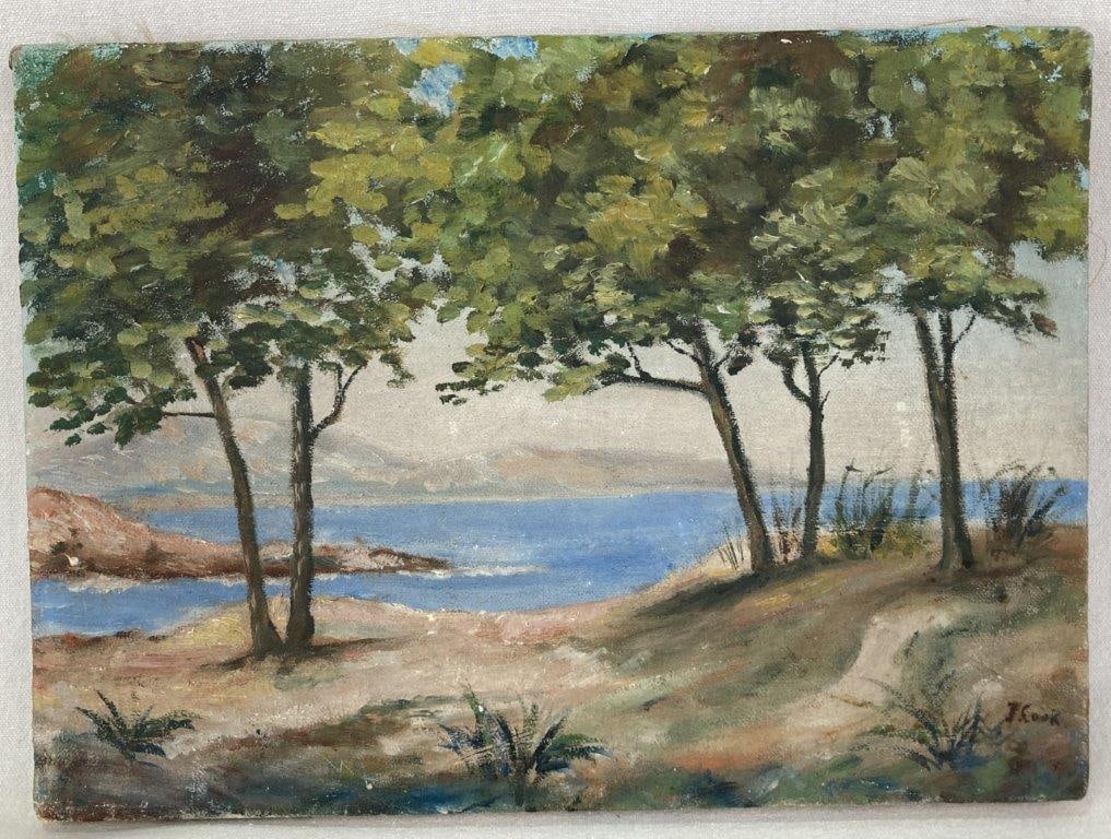 20th-Century, Lakeside Landscape, Oil Painting: Evocative 20th-century oil painting, signed by artist J. Cook, captures a serene, sun-drenched lakeside scene with remarkable atmospheric quality. The artist, exhibiting the expressive, intuitive