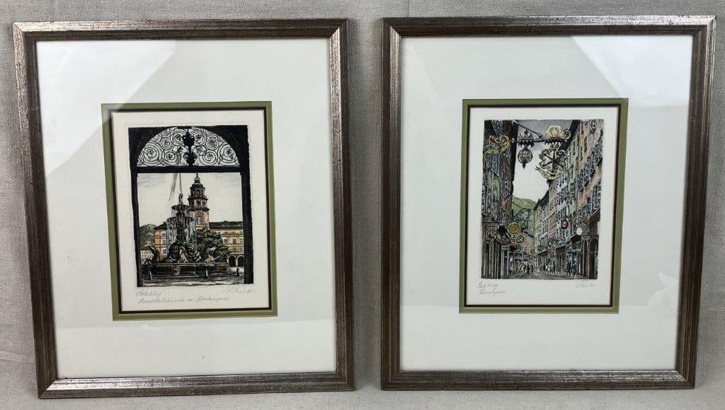 Pair of Signed Salzburg City Scenes, Hand-Colored Etchings: Beautiful pair of hand-colored etchings by the artist Ritter depicts scenic views of Salzburg, Austria, showcasing precise architectural rendering and fine, detailed linework. Each piece is enhanced