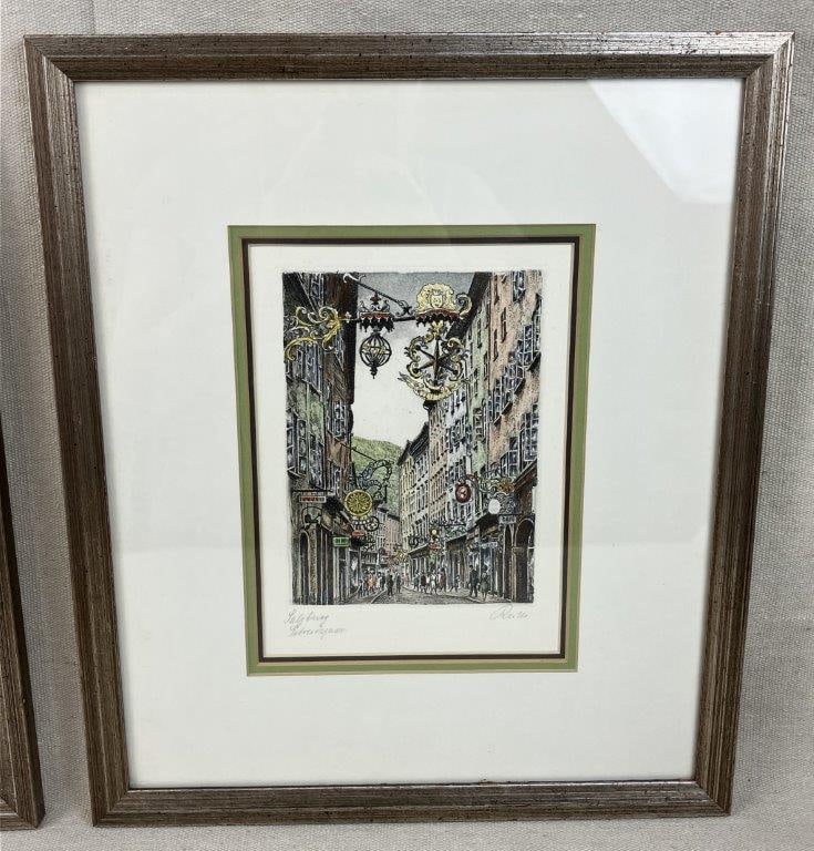 Pair of Signed Salzburg City Scenes, Hand-Colored Etchings - 2