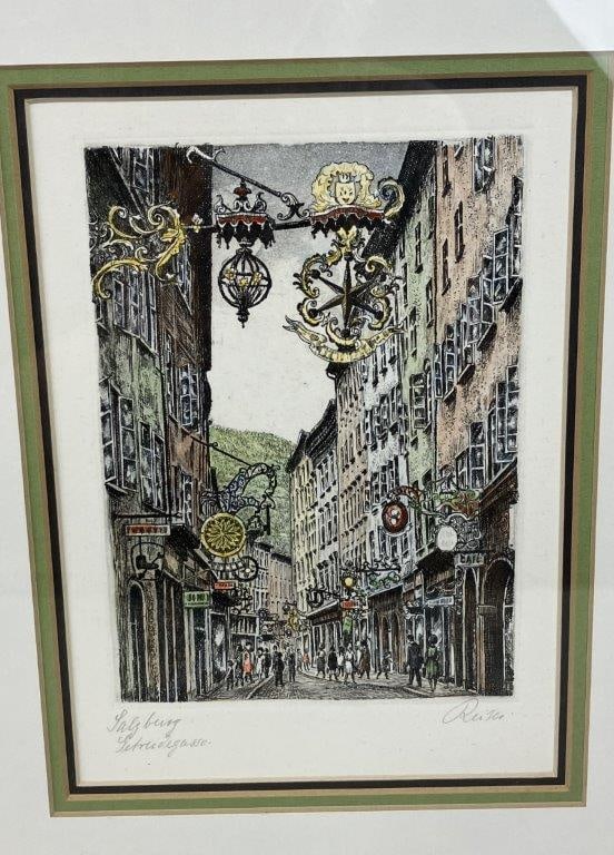 Pair of Signed Salzburg City Scenes, Hand-Colored Etchings - 3