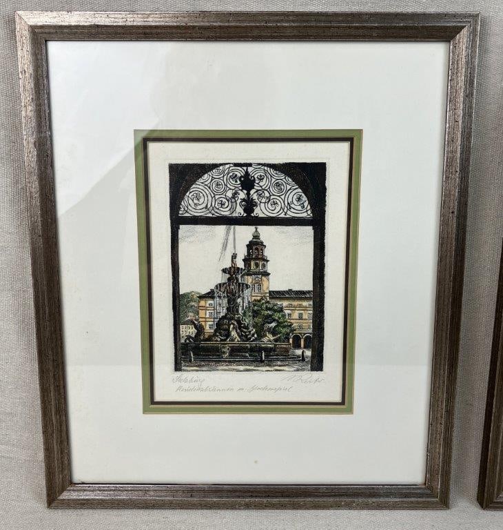 Pair of Signed Salzburg City Scenes, Hand-Colored Etchings - 5