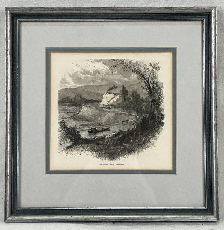 Harry Fenn, The James Above Richmond, Engraving: This charming hand-colored wood engraving, titled The James, above Richmond, was illustrated by Harry Fenn and masterfully engraved by Robert Hinshelwood. The artwork depicts a peaceful 19th-century