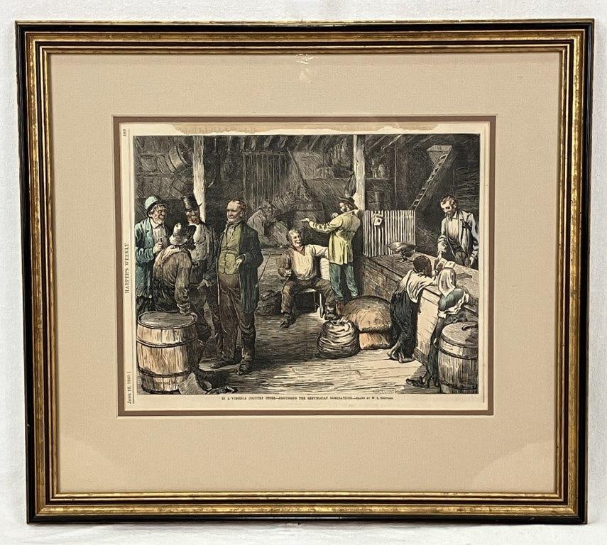 Harper's Weekly, Hand-Colored Lithograph After W.L. Sheppard, 1880: Historic hand-colored lithograph from Harper's Weekly, published on June 19, 1880, features a captivating illustration by celebrated artist W.L. Sheppard titled "In a Virginia Country