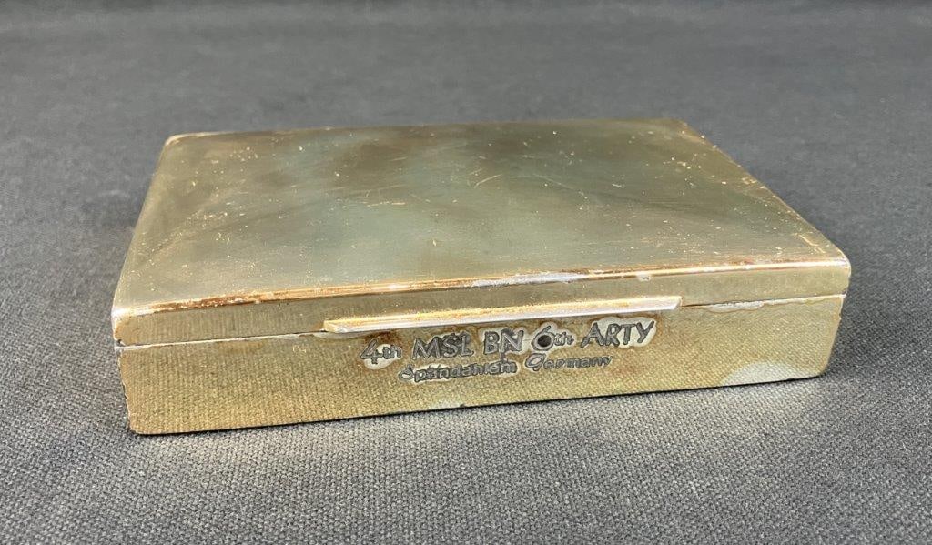 U.S. Army Sterling Silver Cold War Artillery Presentation Cigar Box: This historically significant sterling silver cigar box serves as a military presentation piece representing C Battery, 4th Missile Battalion, 6th Artilleryâ€”a U.S. Army air defense