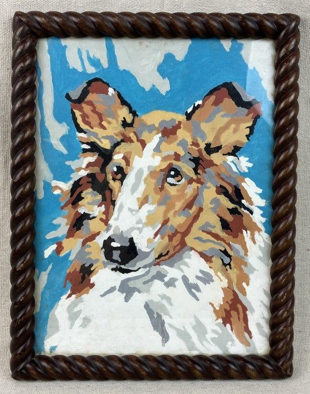 Collie Portrait, Folk Art: A 20th century folk art paint-by-numbers portrait of a collie, executed in acrylic on board and housed in a country wood frame. The frame measures approximately 10 inches x 13 inches. In good