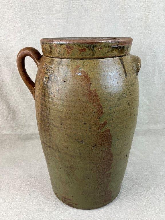 Brown Brothers 5-Gallon Stoneware Storage Jar: This substantial piece of early American utilitarian pottery showcases the classic craftsmanship associated with the historic Brown Brothers (famously active in Huntington, Long Island, New York).