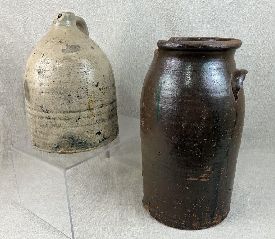 J. Fisher Salt-Glazed Jug and Albany Slip Crock: Compelling pairing of 19th-century American utilitarian stoneware highlights two foundational traditions of early regional ceramic craft, featuring a classic salt-glazed jug produced by renowned potte