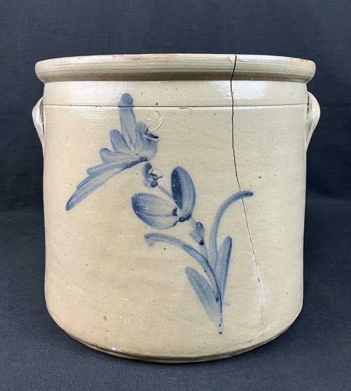 Salt-Glazed Cobalt Decorated Stoneware Crock: Salt-glazed stoneware crock beautifully showcases the rustic craftsmanship and artistic heritage of early American utilitarian pottery. Featuring a classic straight-sided form with a two-gallon