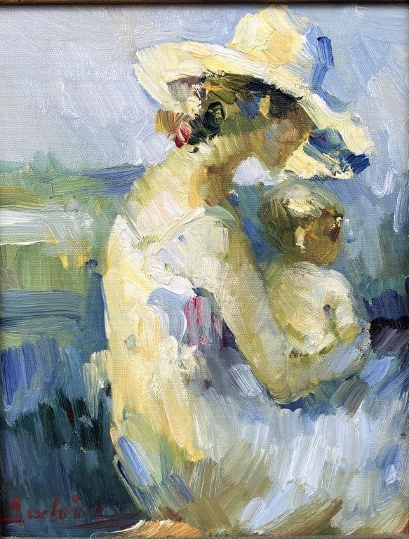 Signed Impressionist Portrait of Mother and Child, Oil Painting - 2