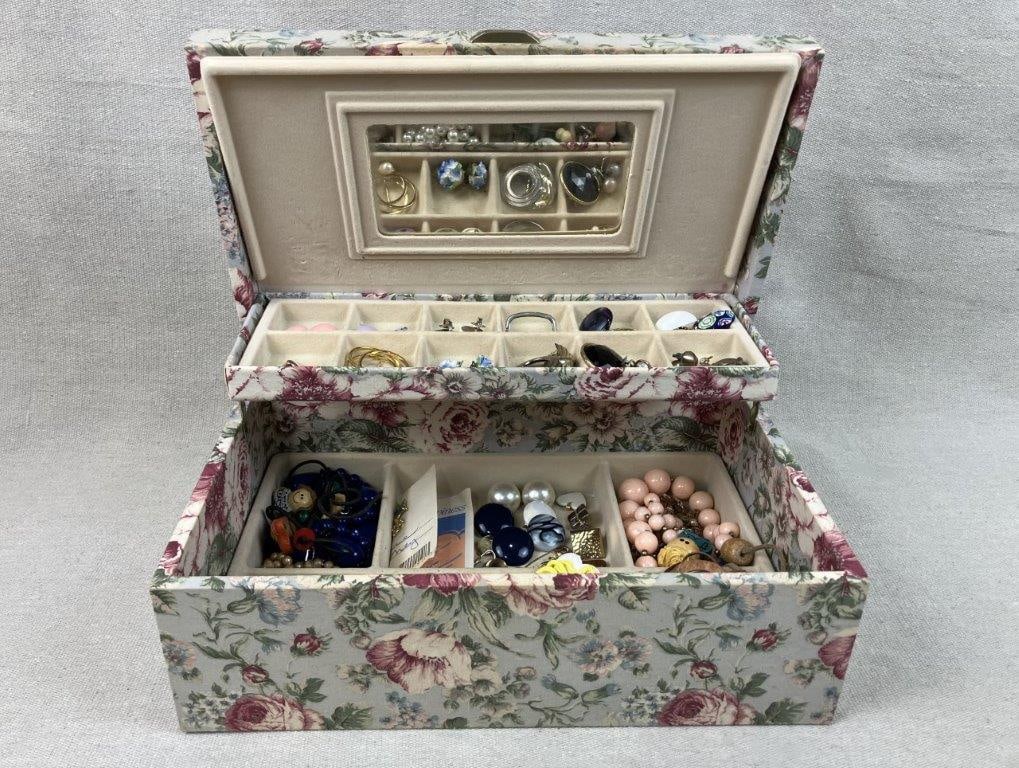 Vintage Fabric-Covered Jewelry Box with Costume Jewelry Collection - 2