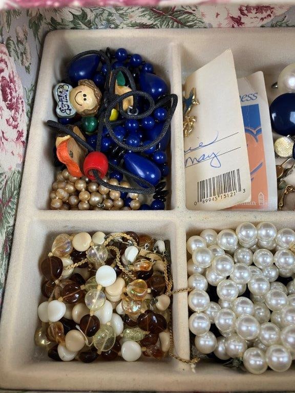 Vintage Fabric-Covered Jewelry Box with Costume Jewelry Collection - 3