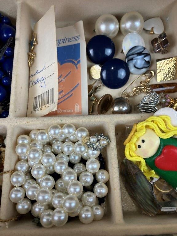 Vintage Fabric-Covered Jewelry Box with Costume Jewelry Collection - 4